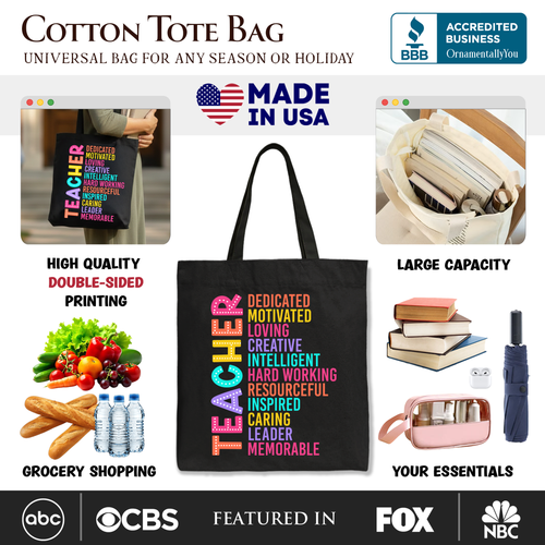 Colorful Teacher Acronym Tote Bag, Motivational Gift Shopper for Educators
