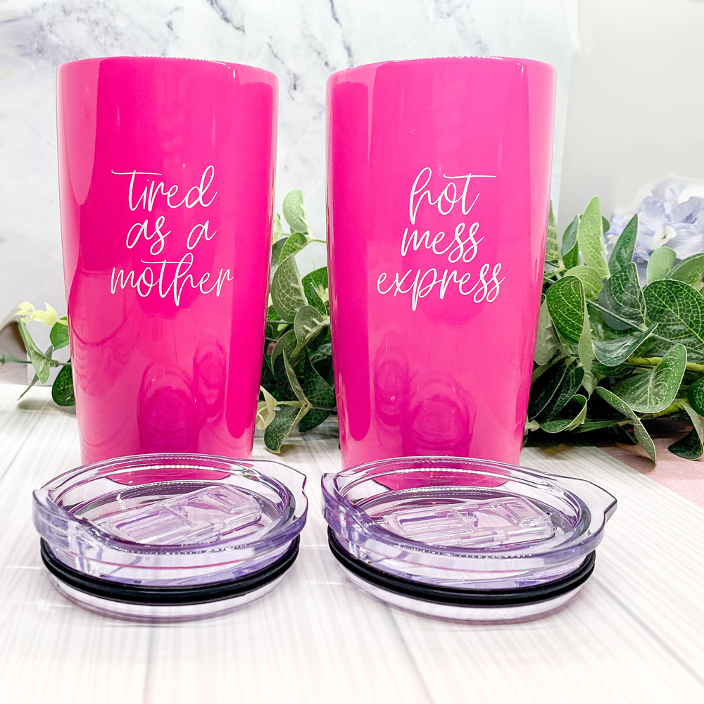 Pink Travel Mug 18oz Stainless Steel Tired As A Mother Insulated Coffee Tumbler Gift For Mom